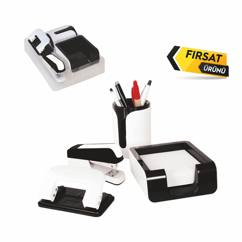 995 Beyaz-Siyah 4Lü Grup Kırtasiye Seti (Kalemlik – Delgeç -Notluk – Zımba)
